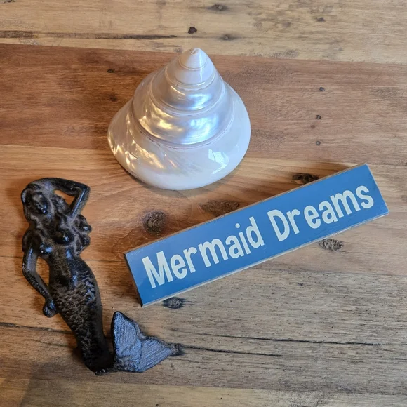MERMAID LOVE BUNDLE - MERMAID METAL HOOK, MERMAID DECOR SIGN, & PEARL SHELL - Picture 1 of 8